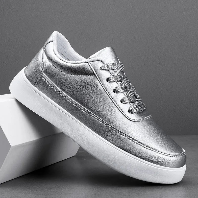 Women's leather flat casual shoes with lace-up front in white, silver, or gold colour options