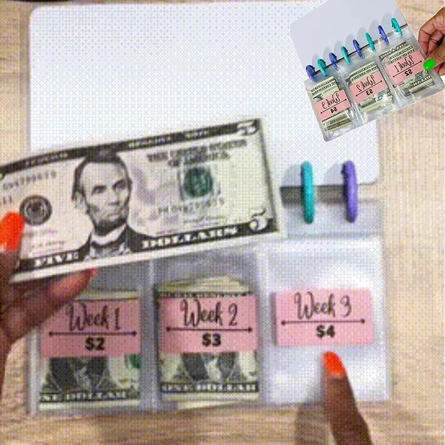 A5 reusable plastic loose-leaf binder album open showing ring mechanism and document storage