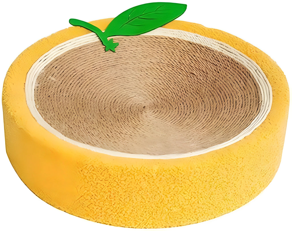 Yellow round sisal cat scratching board and bed with a concave centre for small breed cats.