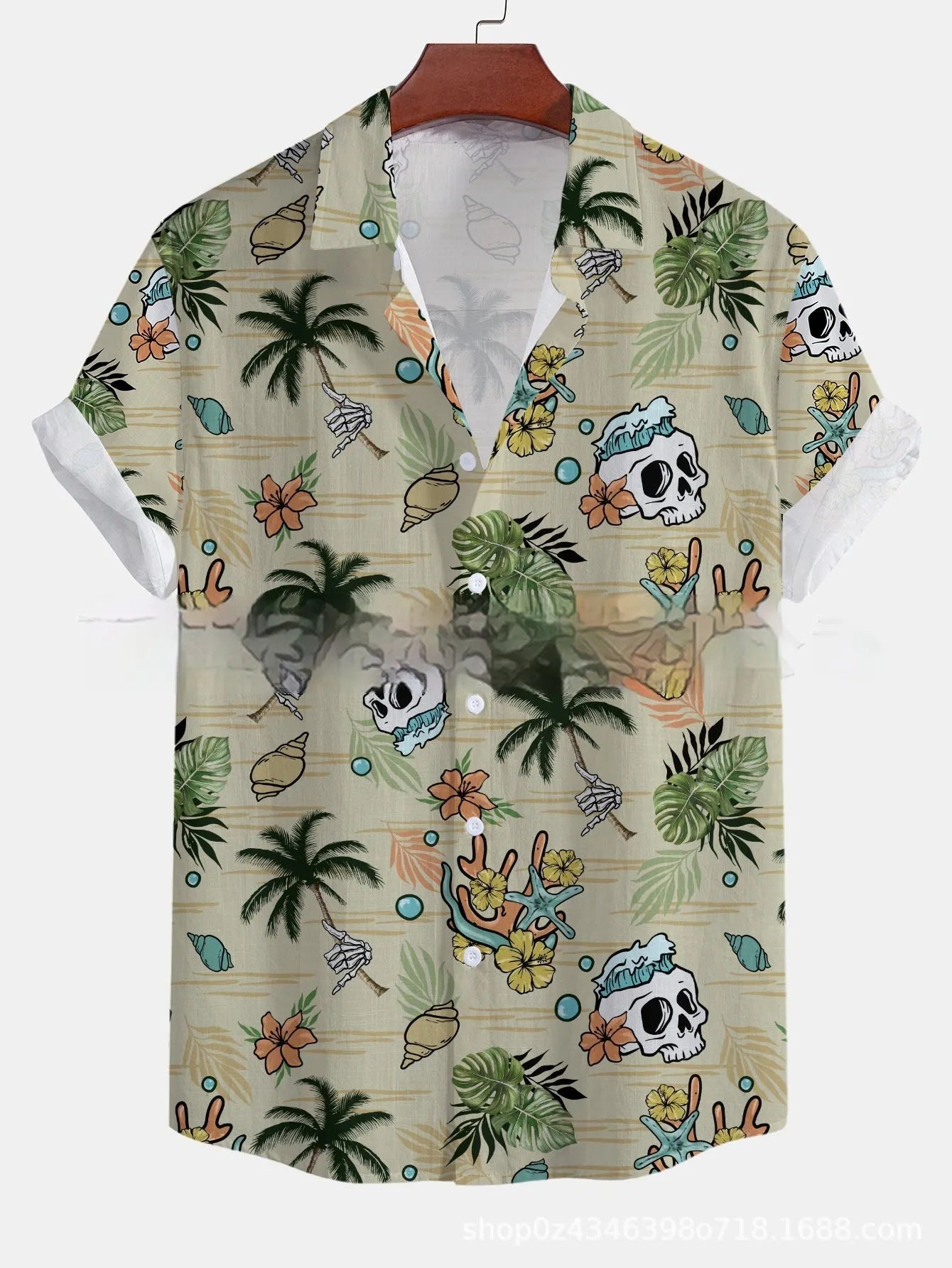 Man wearing a loose-fit floral print short-sleeved casual shirt in a summer setting.