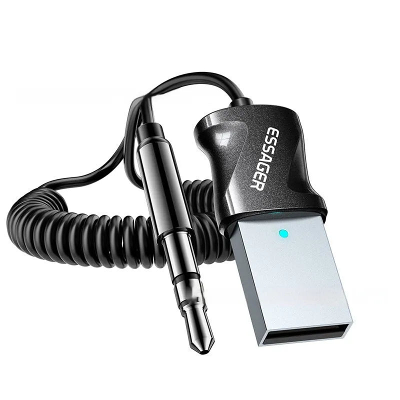 Black Bluetooth 5.0 audio receiver with gold-plated 3.5mm plug and TPE spring wire, 15g, for car aux input
