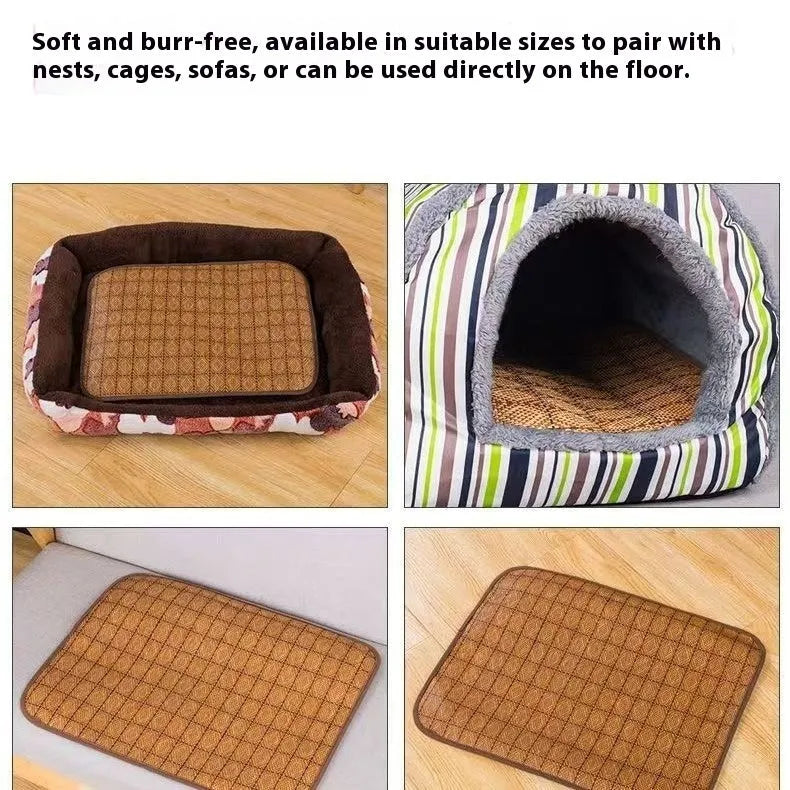 Brown woven rattan fibre cooling mat for dogs, shown in a large size.