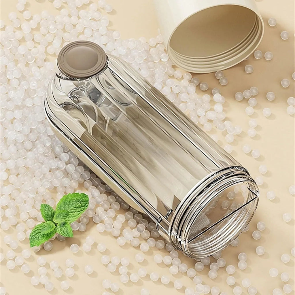 Beige and green portable dog water bottle with food dispenser, shown folded and unfolded.