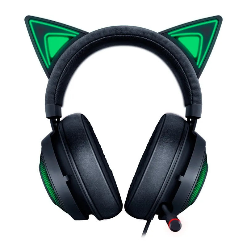 Pink wired USB cat ear headphones with glowing LED lighting on a head-mounted design