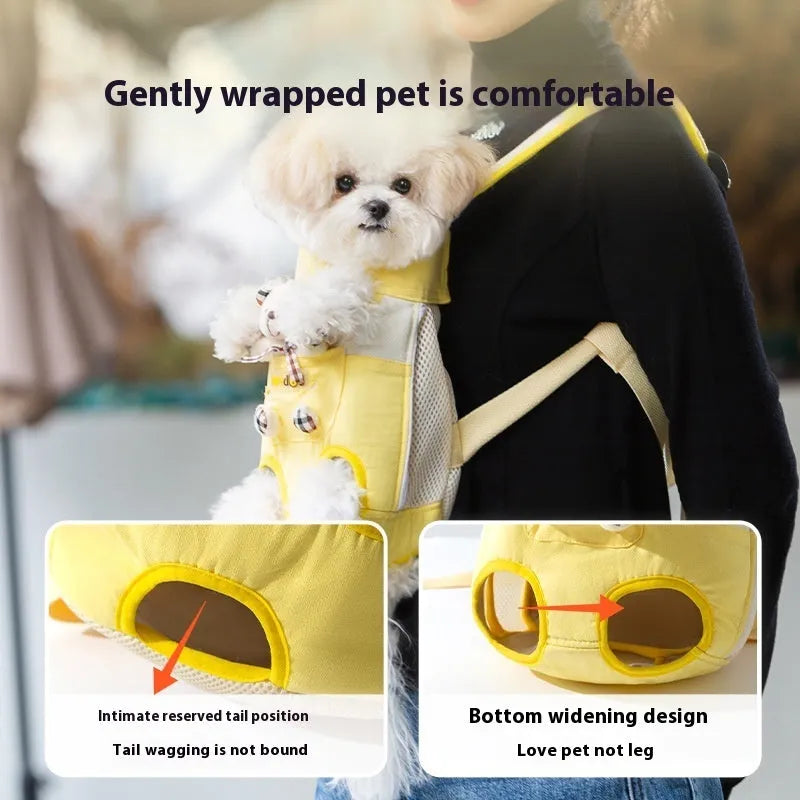 Cartoon style pet chest bag in soft canvas with ribbon trim showing Beka yellow bear stitching pattern