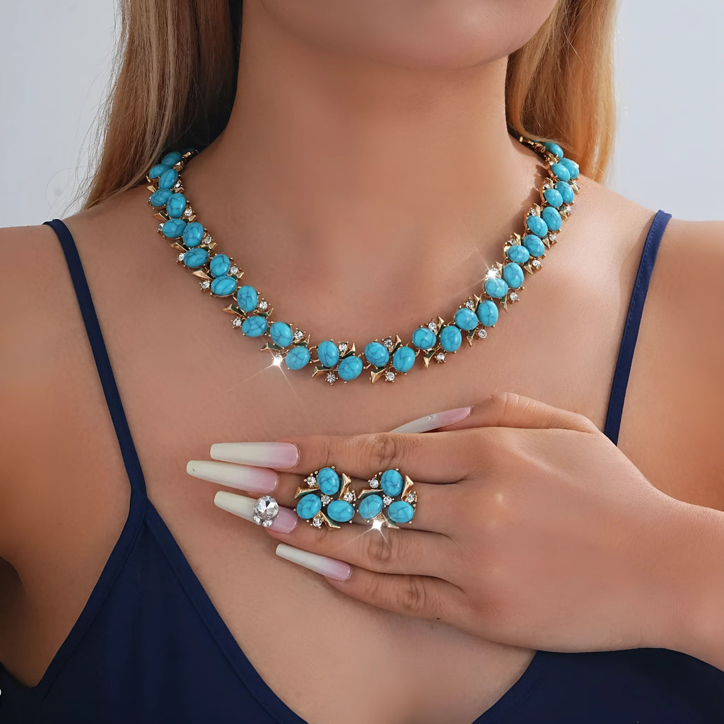 Turquoise pearl necklace and earrings suite with geometric rhinestone pendant on 41-50cm clavicle chain in peacock blue or yellow