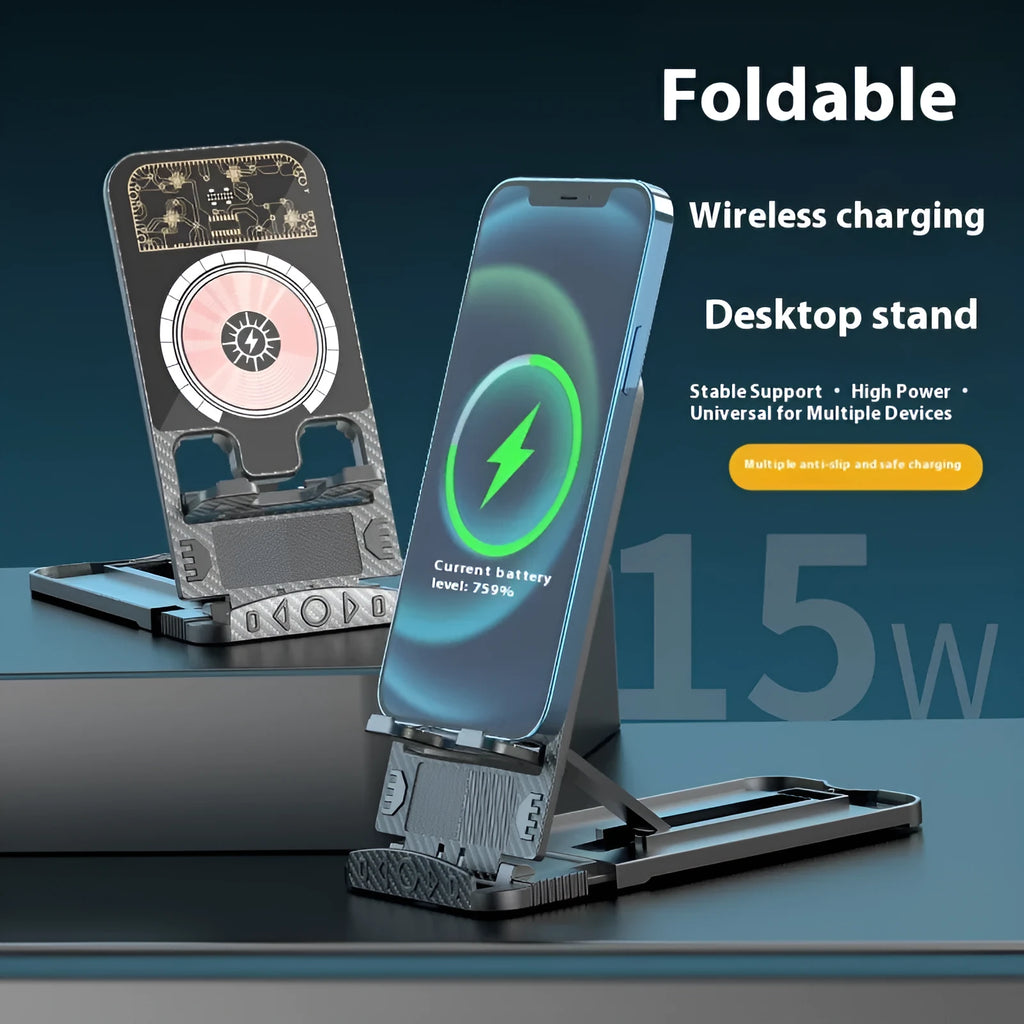2-in-1 wireless phone charger with foldable bracket, black ABS plastic, 143mm wide