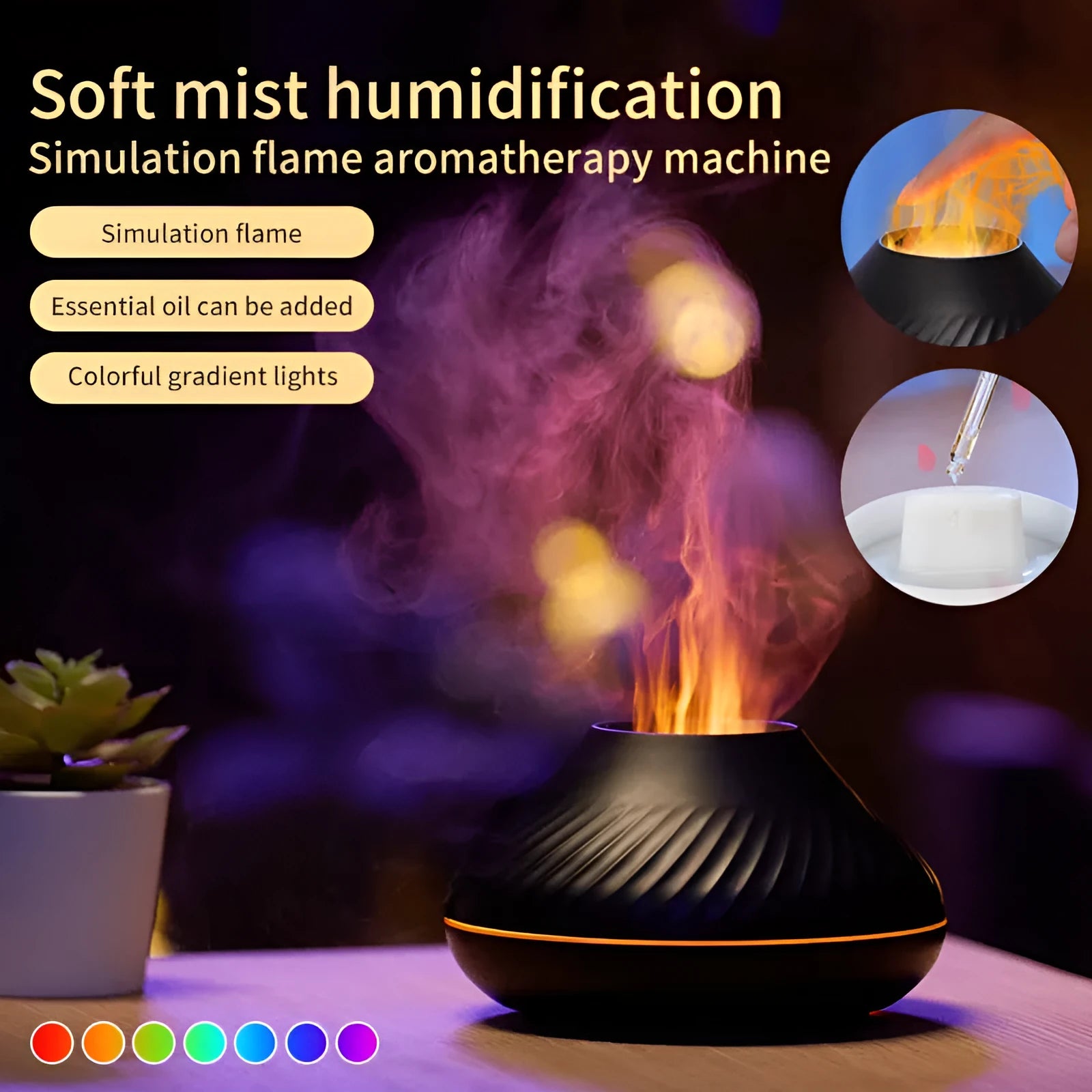Beige and black aroma diffuser with LED flame lighting and 130ml water capacity