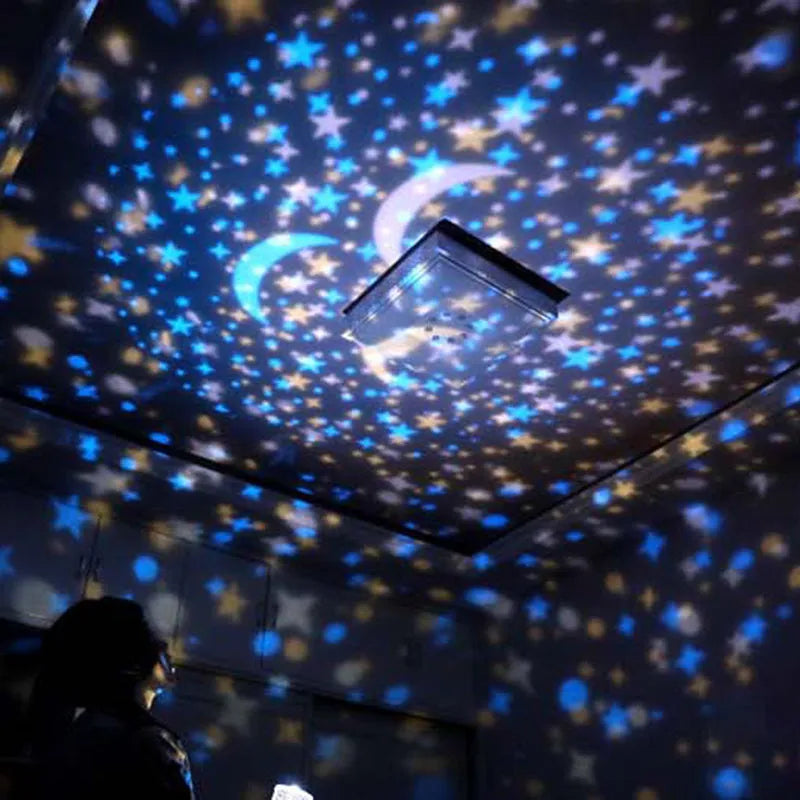 Sky Fall projector night light showing constellation projection on ceiling, with USB cable and five film slides
