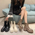 White height-increasing platform ankle boots with thick sole, round toe, square heel, and back zipper for women