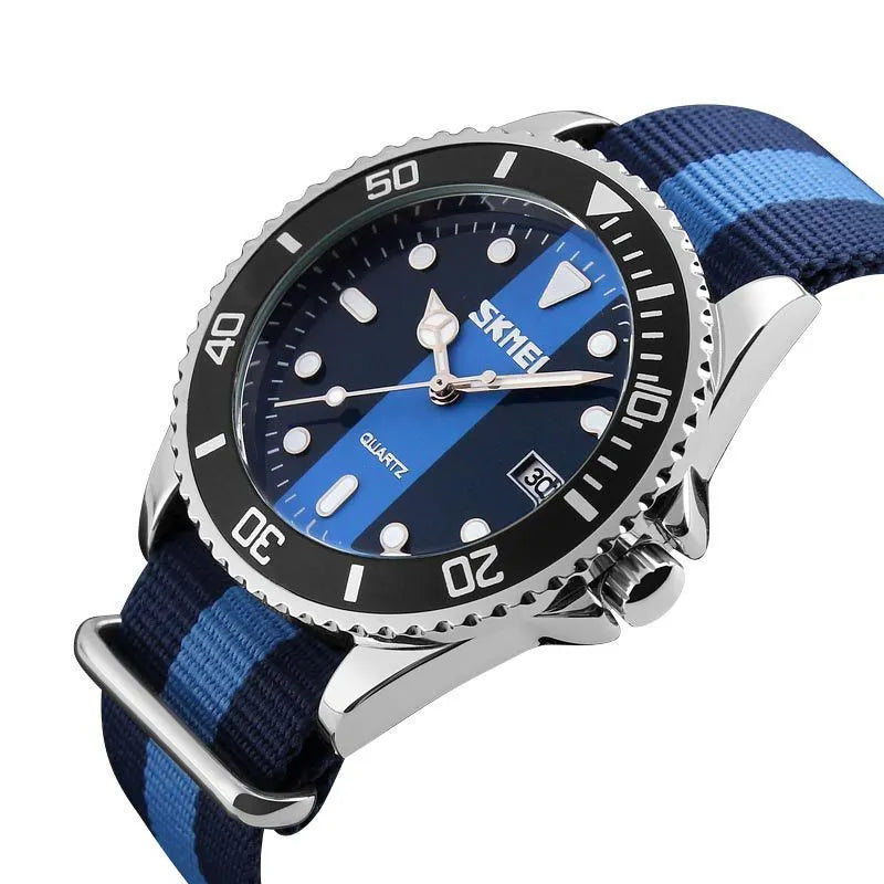 Skmei men's quartz watch with nylon strap, 41mm alloy case, round dial, 30m water resistance