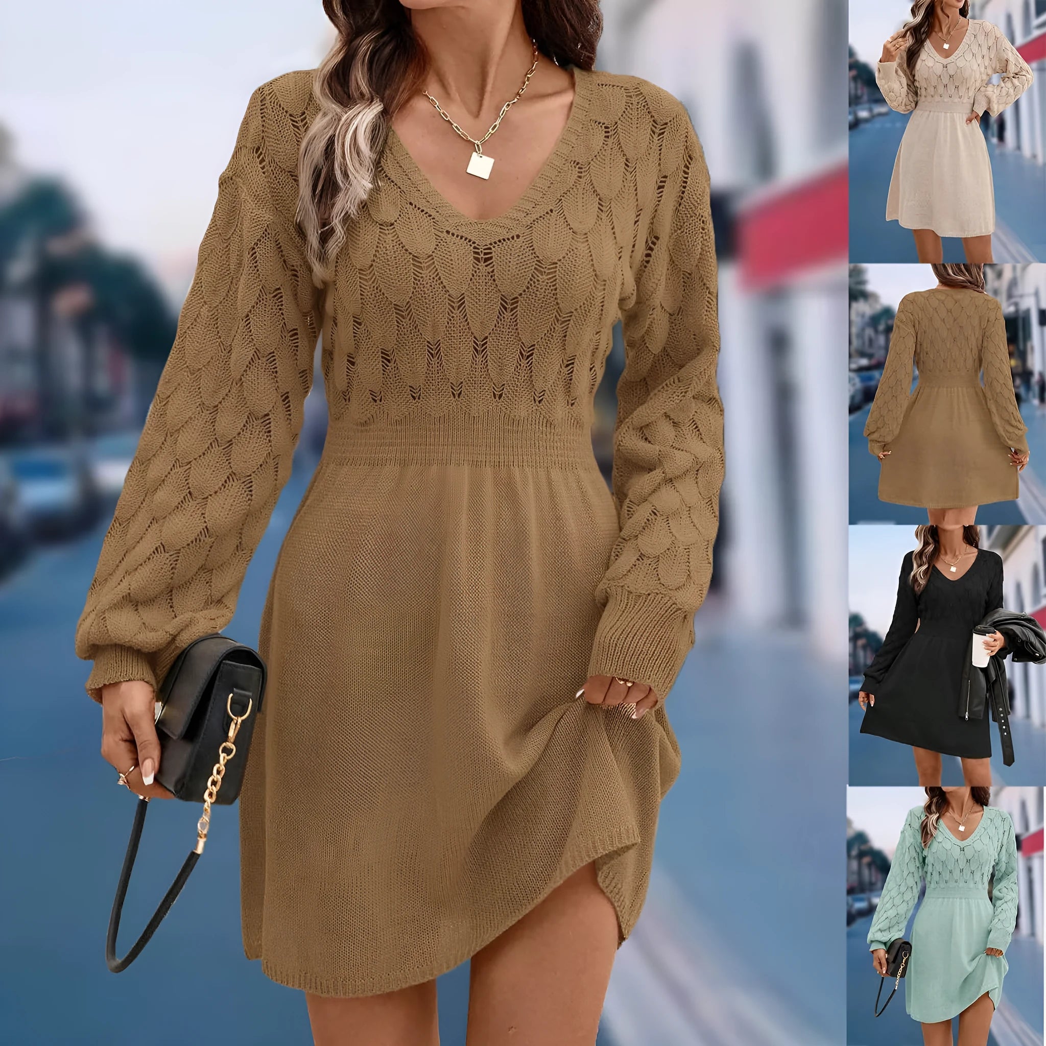 Artistic retro ethnic V-neck beach dress with 3D pattern, long sleeves, and high waist.