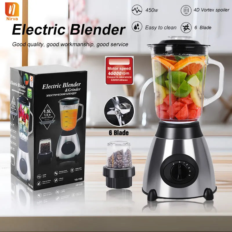 Multifunctional household grinder and juicer with stainless steel body, 20x40cm, available with glass or stainless steel cup