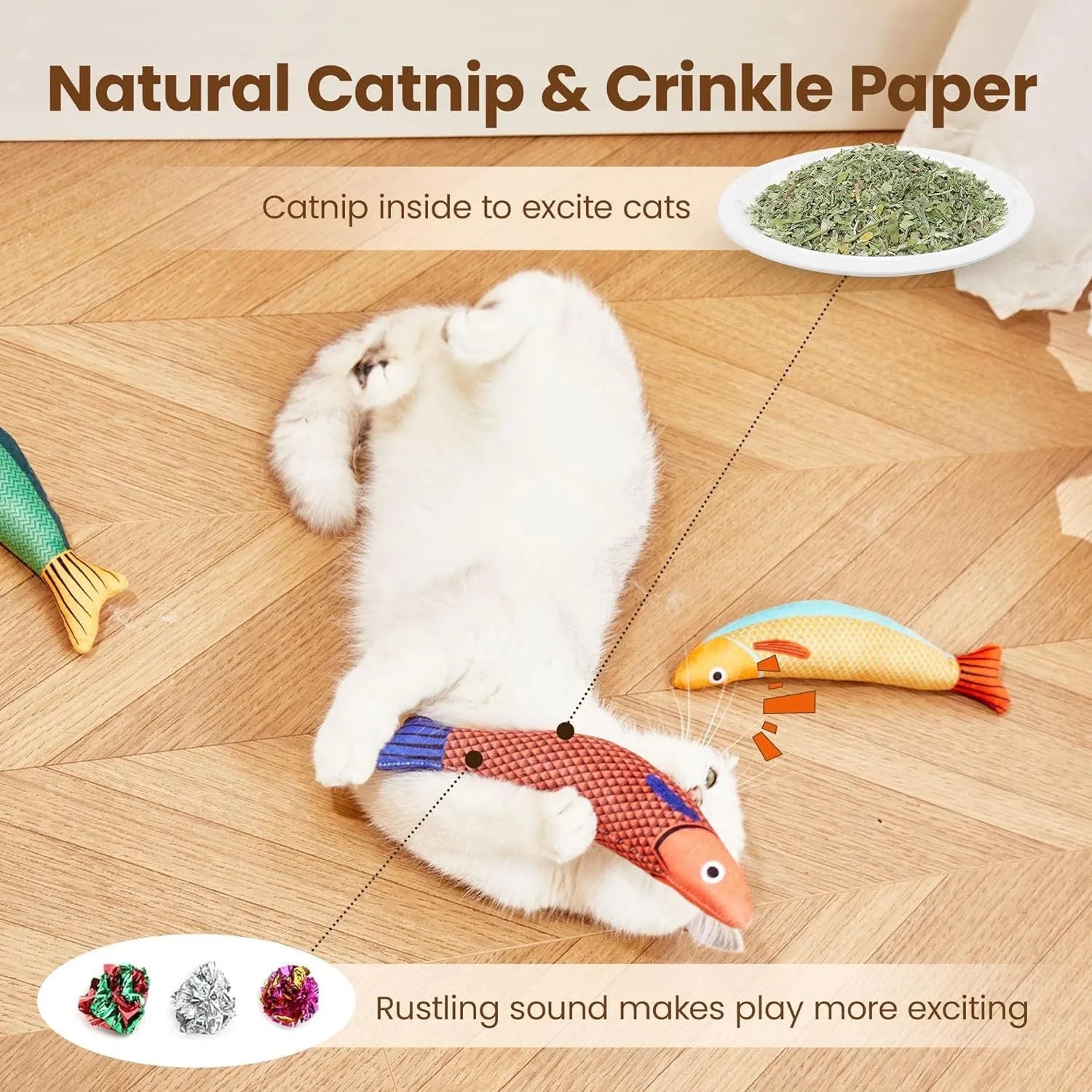 Green, orange and yellow soft plush catnip fish kicker toy measuring 24cm long