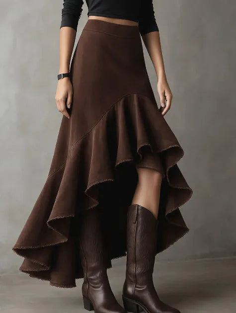 Brown Western-style maxi skirt with high-low hem and ruffle detailing