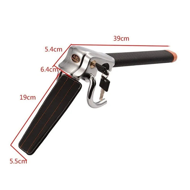 Black and silver car steering wheel lock with alloy body, copper cylinder, two keys, and three-way locking design.