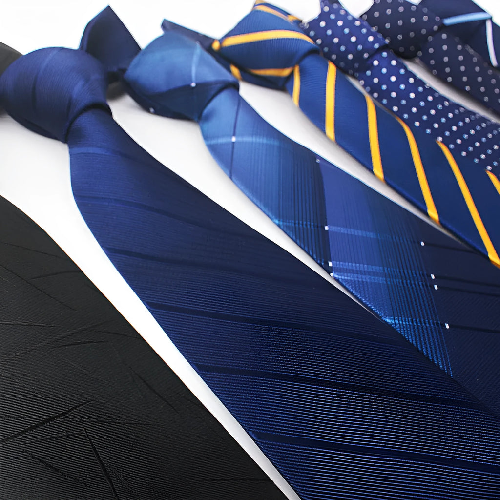 Men's striped polyester business tie showing jacquard woven texture and arrow shape