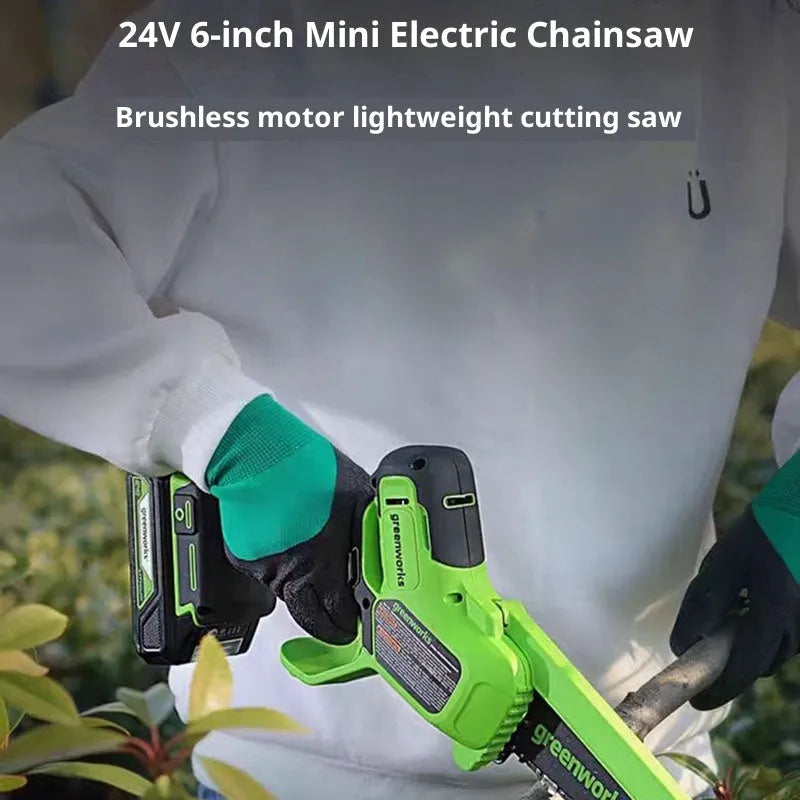 6-inch cordless electric chainsaw with 24V lithium battery, guide plate, and charger