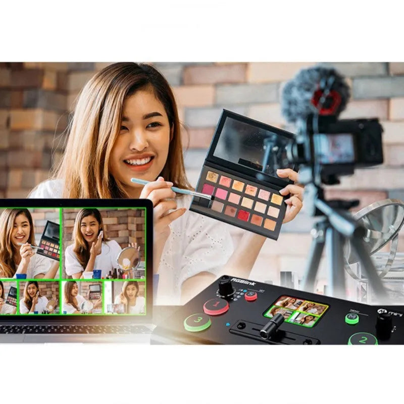 RGBLINK 4-input HDMI video switcher unit with integrated TFT colour screen and control buttons.