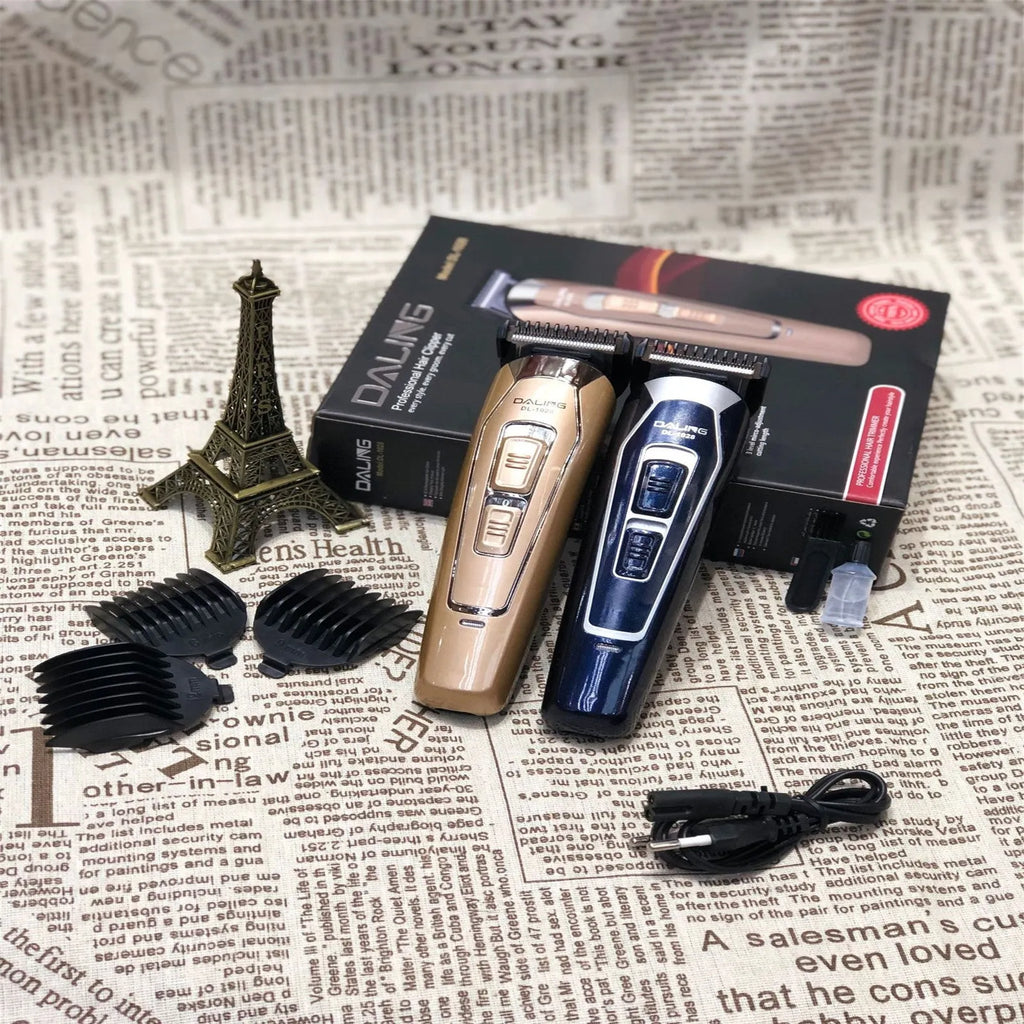 Dark blue rechargeable electric hair clipper with stainless steel blades and three plastic guide combs