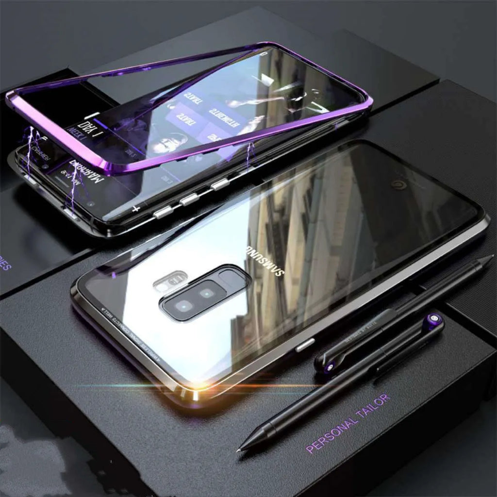 Black anti-peeping magnetic clamshell phone case for Samsung smartphones with privacy screen, shown open.