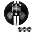 Black acrylic 5-speed manual gear knob for cars shown with red numbering and screw adapters.