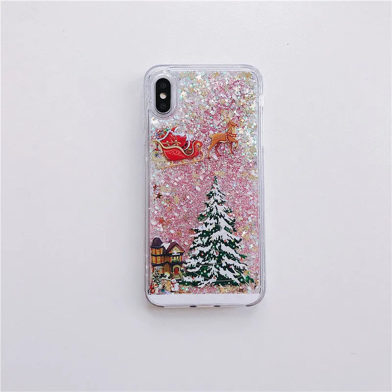 Christmas quicksand design phone case with Santa Claus pattern for iPhone and Samsung devices