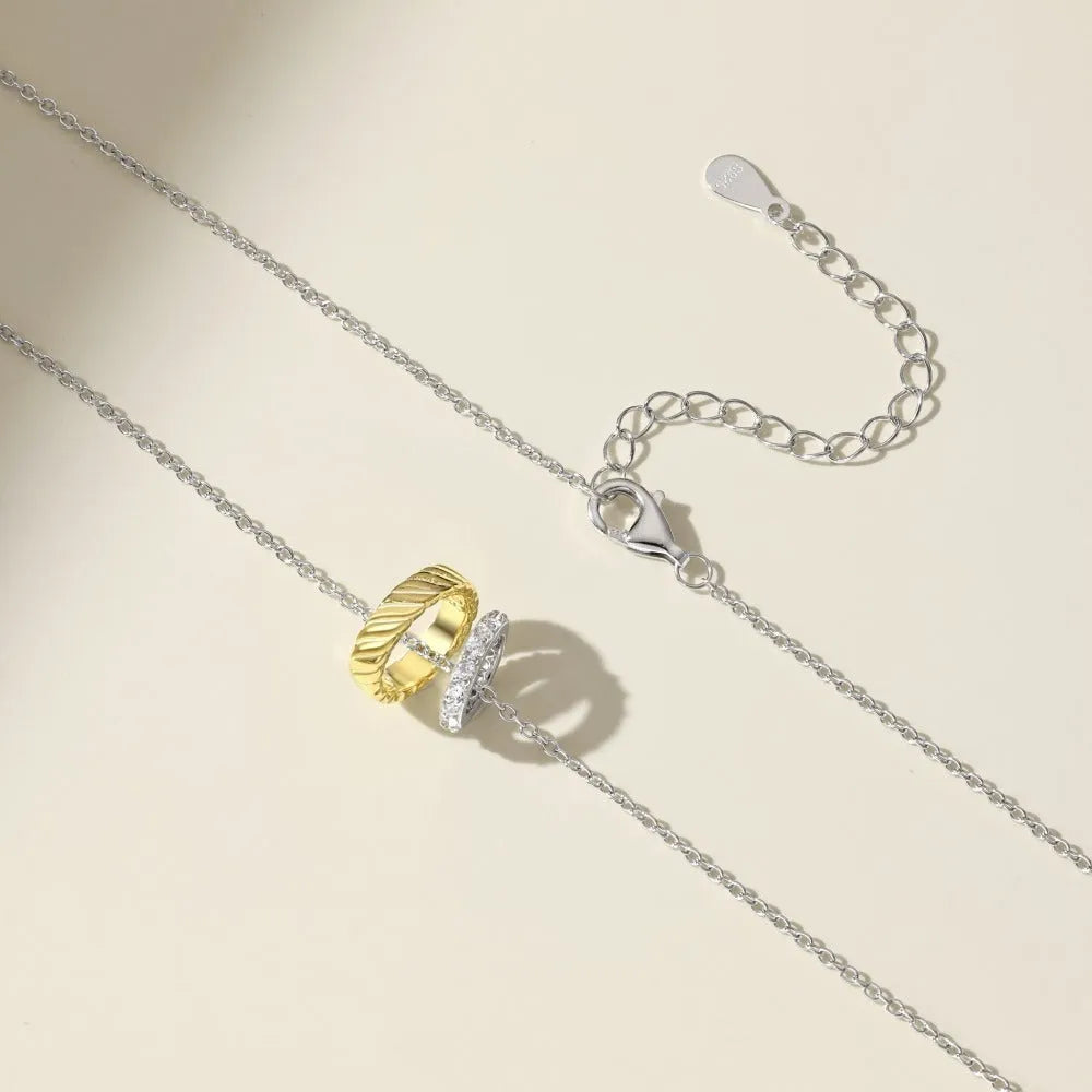 925 silver casual double ring colour matching two-tone necklace for women with round pendant