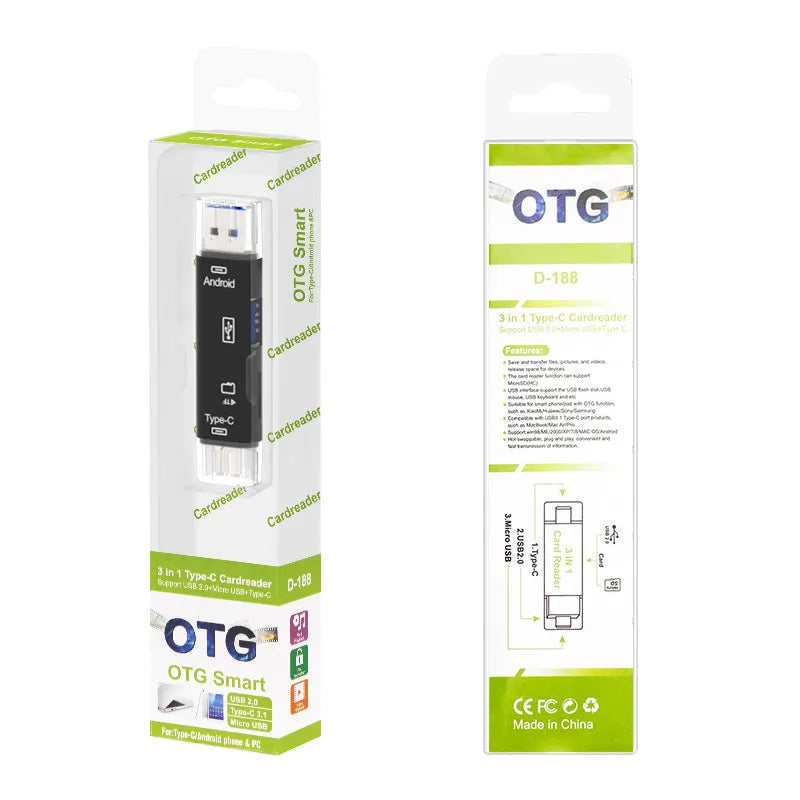 Black and white USB Type-C and Micro USB OTG hub adapter with integrated TF memory card reader.
