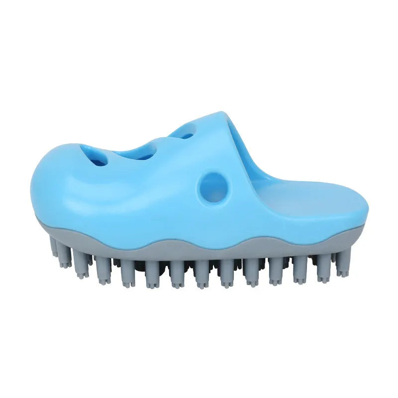 Blue and yellow TPR dog bath massage brush showing quincuncial head, pointed toe, and horizontal pattern designs