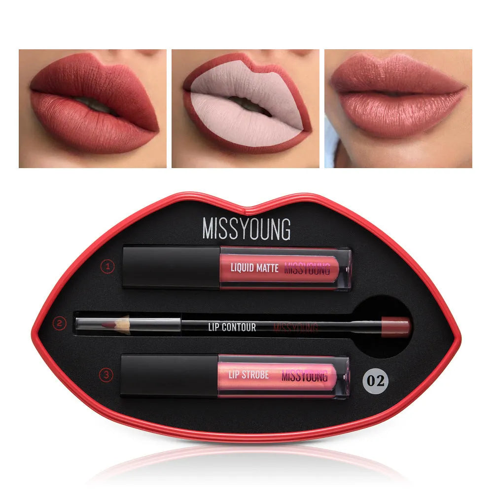 Women's matte pearly lip gloss pen set with 3 shades 01 02 03, 15cm by 8.5mm, multicolor