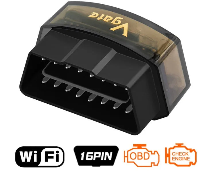 Vgate iCar Pro WiFi OBD2 adapter in black, plugged into car OBD2 port for diagnostics
