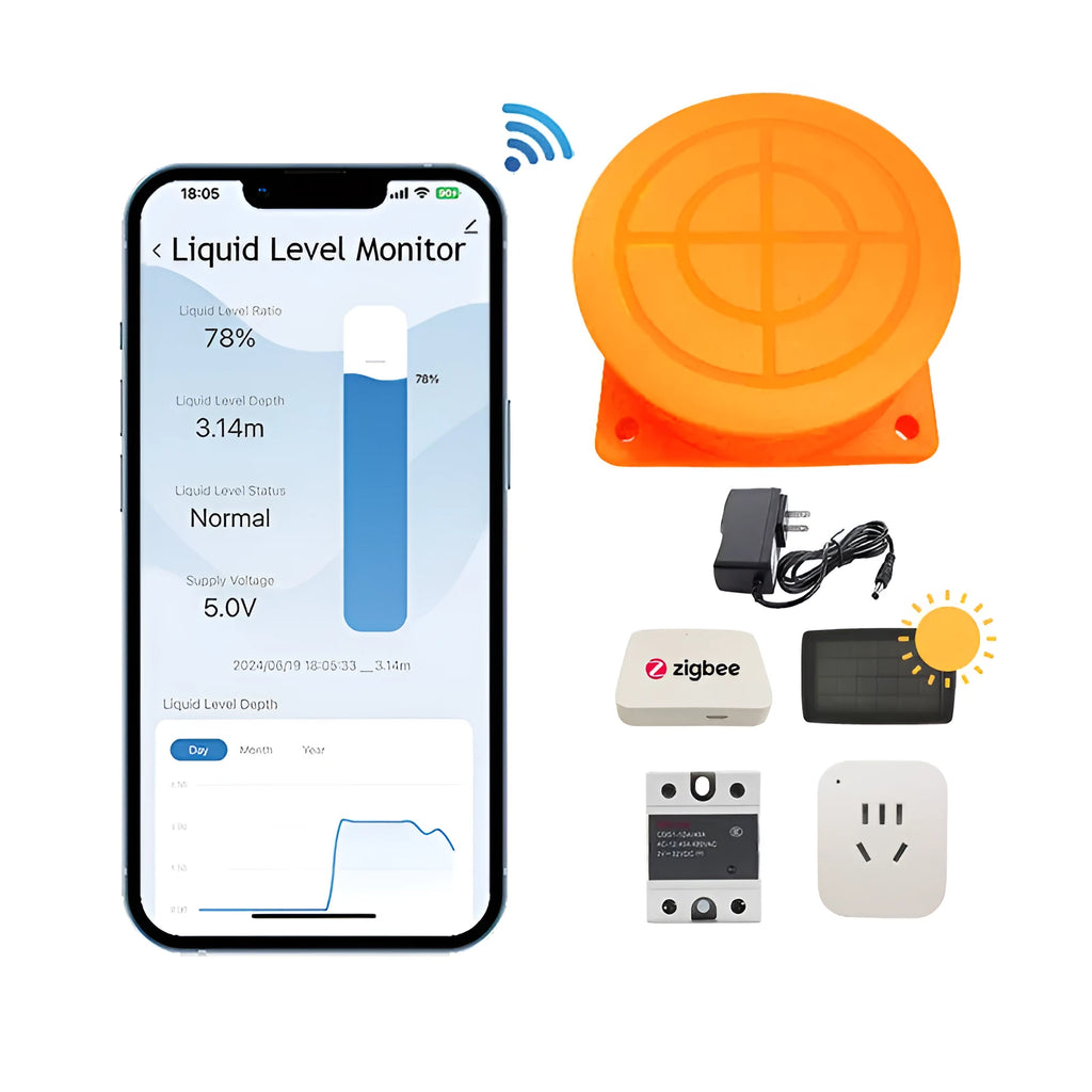 Moray ME201W wireless fluid level monitor sensor with WiFi antenna and power adapter.