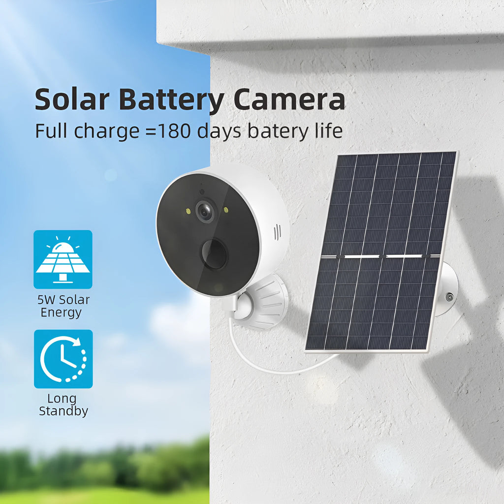 Outdoor solar-powered security camera with separate solar panel for battery charging.