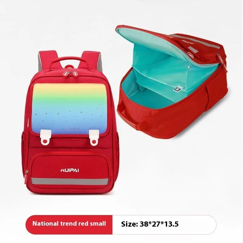 Primary school polyester backpack with burden reduction and spine protection, available in pink, red, purple and navy blue