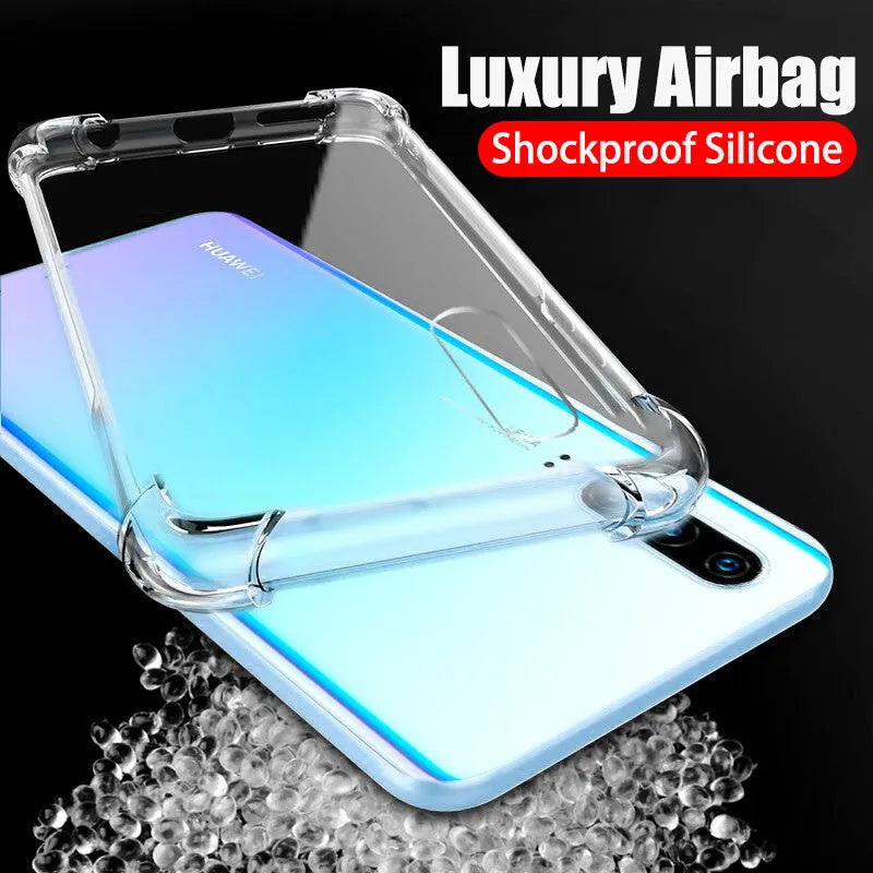 Transparent TPU airbag drop-resistant phone case for Huawei and Honor smartphones on a white background.