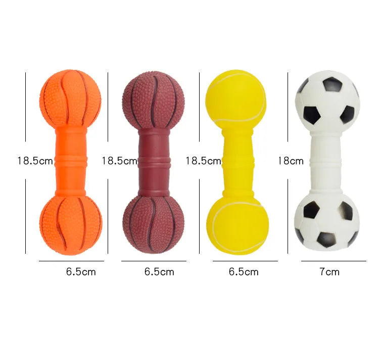 Brown football dumbbell shaped PVC dog squeaky toy on white background