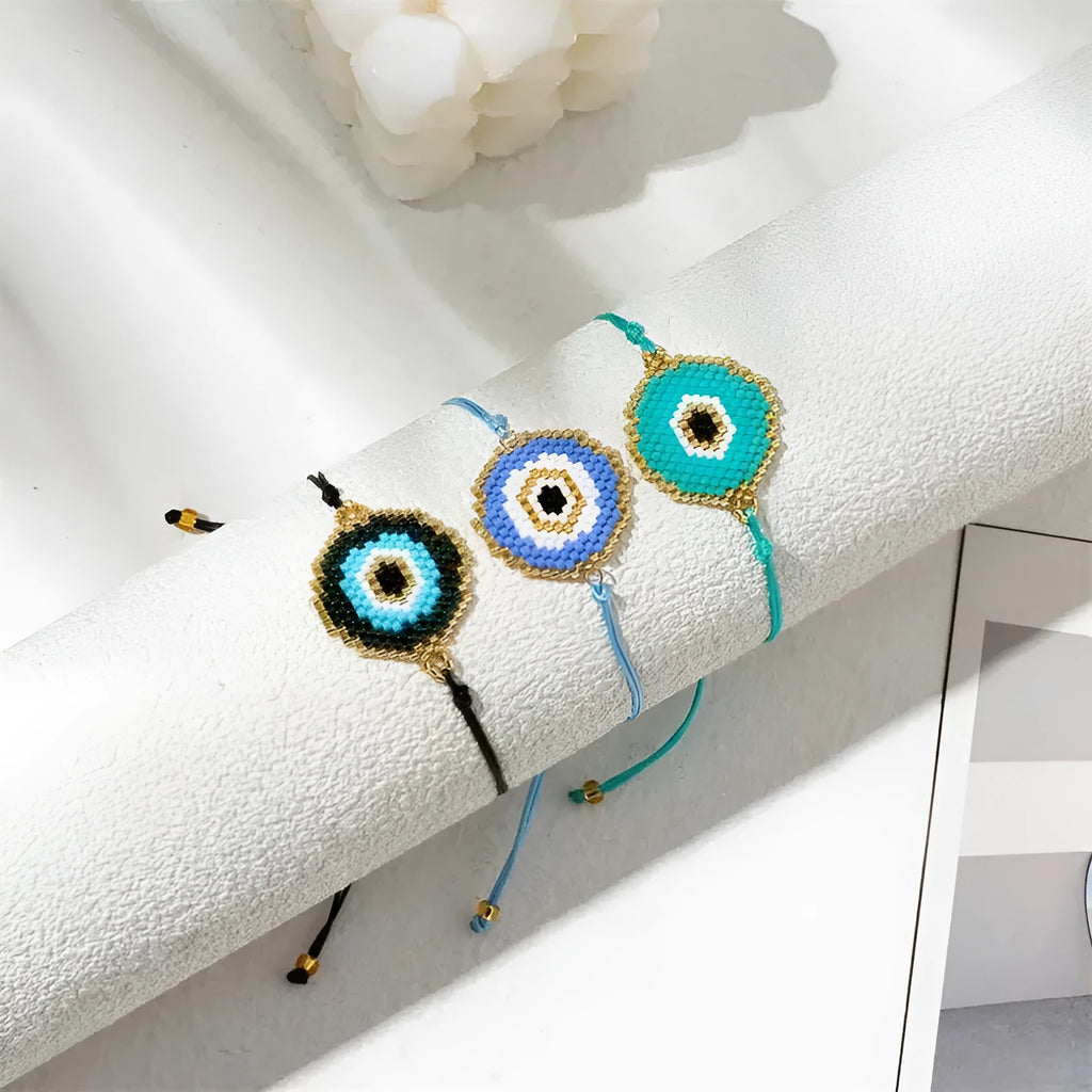 Fashion geometric beaded bracelet for women, glass and coloured glaze round beads, three colour options 8380 8446 8459