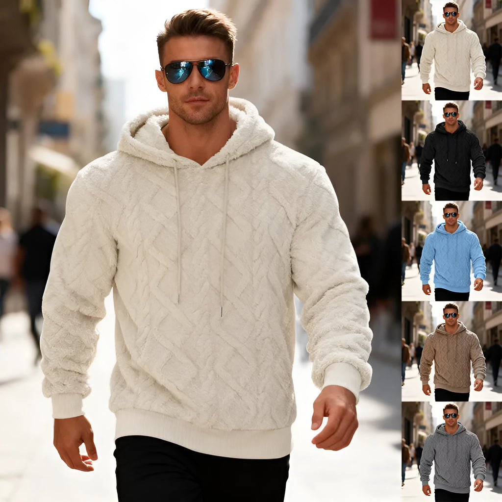 Casual heavy double-sided velvet loose pullover fleece lined sweatershirt in black, front view