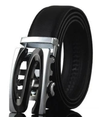 Men's black leather belt with automatic buckle measuring 3.5 cm wide