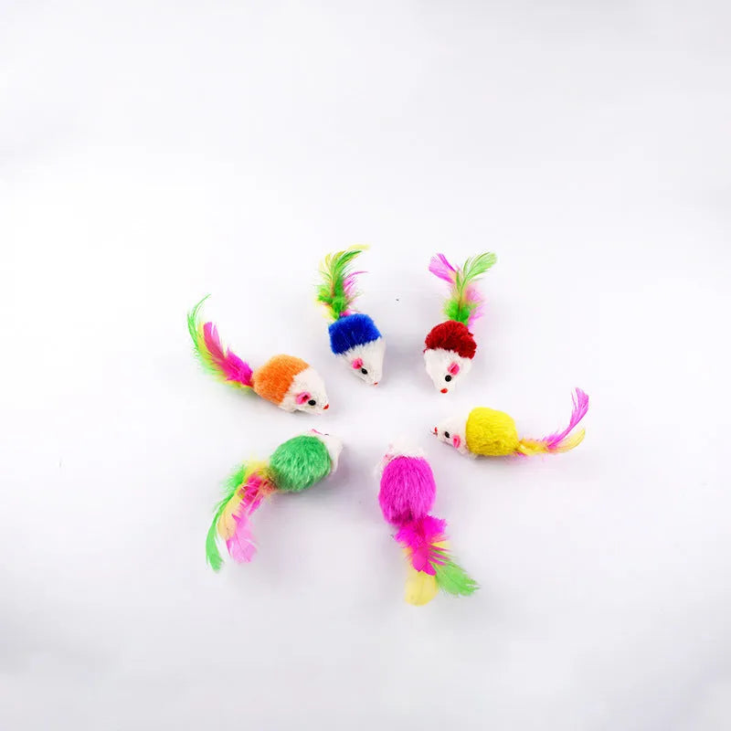 Multicolor pet cat toy set including a cat stick with fabric mouse and a sisal ball
