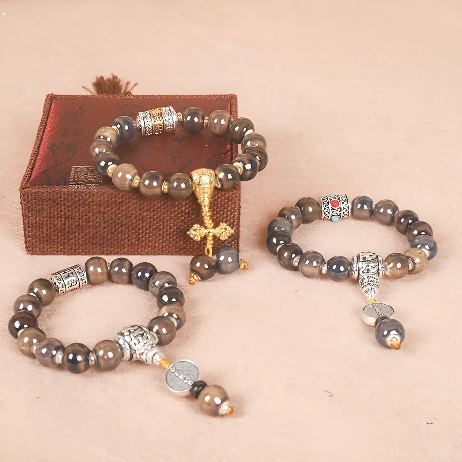 Ceramic gradient bead bracelet with Yonghe blessing charm for men in approximately 13mm size