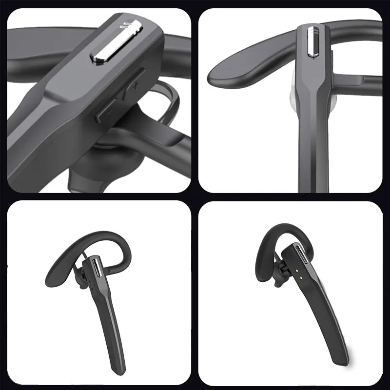 Wireless sports bluetooth headset in black with hanging ear design and silicone ear hooks