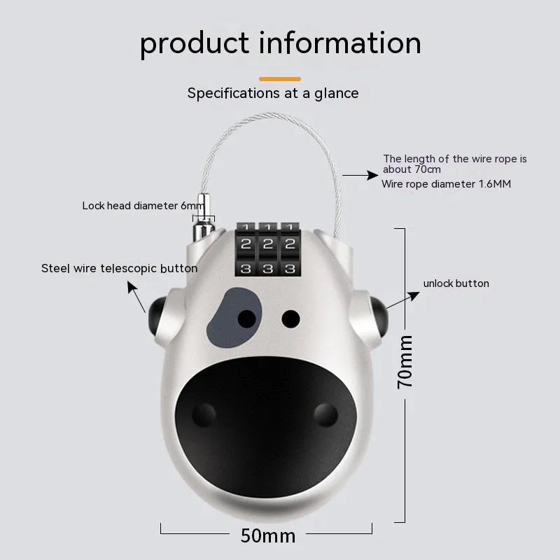 Retractable helmet lock with steel cable in black cow design for motorcycle and bicycle security