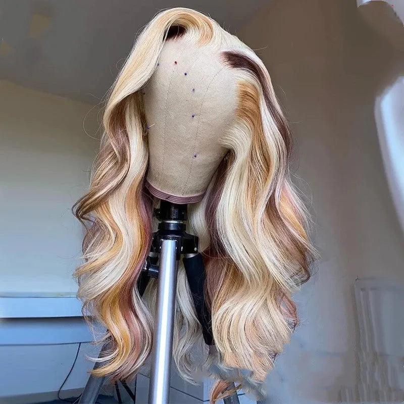 100% human hair body wave lace front wig with blonde highlights and 13X4 lace