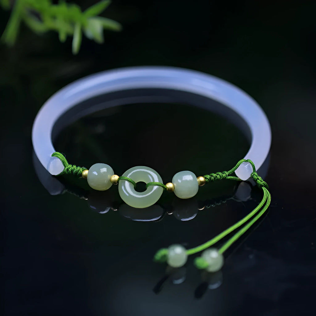 Handmade half bracelet with Hetian jade, white agate beads, and peace buckle closure