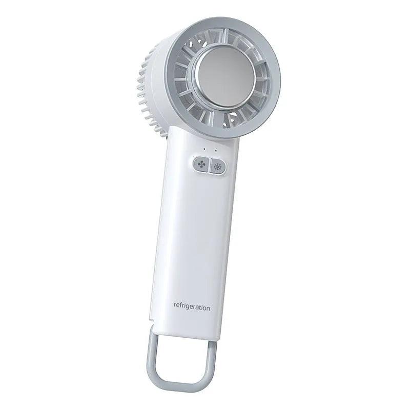 White handheld portable fan with turbo jet airflow and ice-cooling function