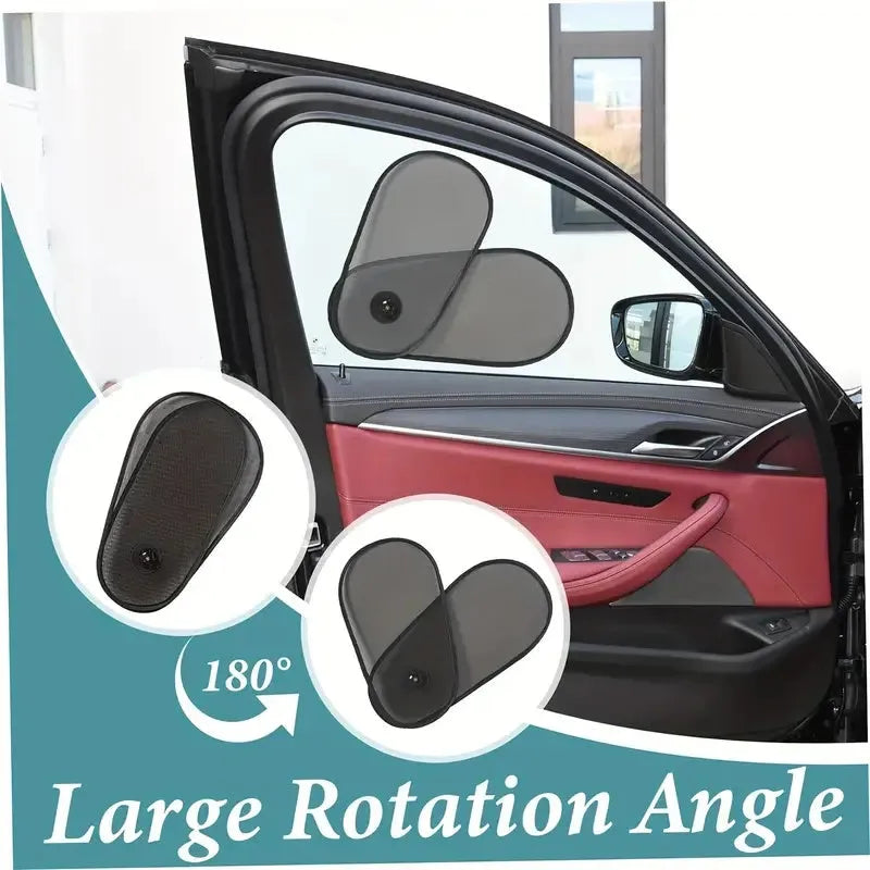 Black stretchy car side window sunshade for baby with suction cups attached to glass.