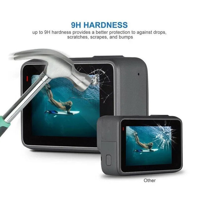 9H tempered glass screen protector and lens film for GoPro Hero 5, 6, and 7 action cameras.