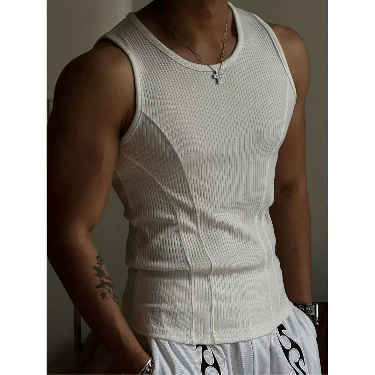 Men's black I-shaped sports tank top vest made from moderate weight polyester fabric
